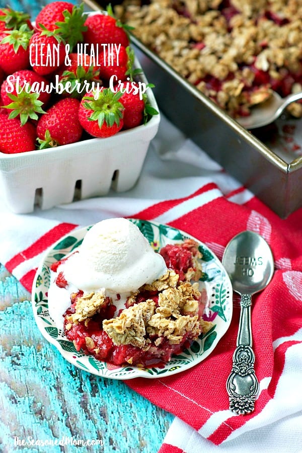 Shot of healthy strawberry crisp recipe with text overlay