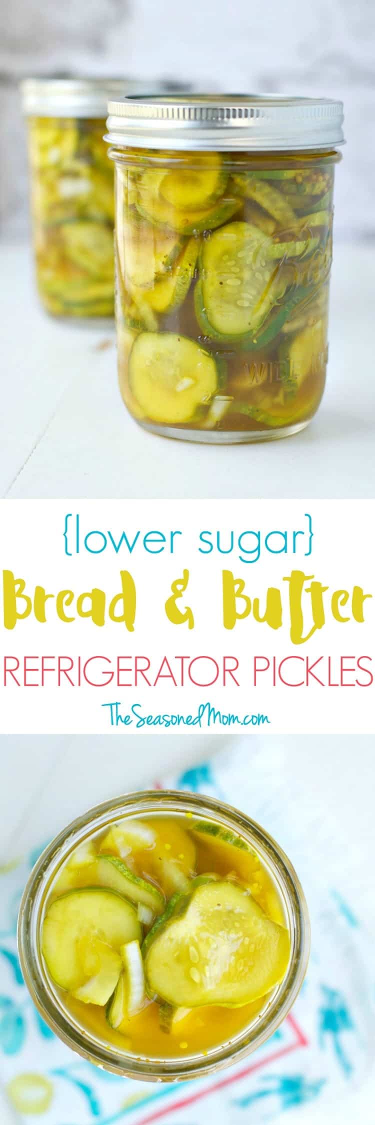 There's no fancy canning necessary! With just a few minutes of hands-on time, you can have fresh, sweet, and tangy Lower Sugar Bread and Butter Refrigerator Pickles ready to enjoy. This clean eating snack is perfect for adding to salads, stuffing inside sandwiches, or enjoying on its own!
