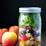 With layers of chicken, apples, cranberries, blue cheese, and pecans, these Apple Harvest Mason Jar Salads with Cider Vinaigrette are an easy and healthy lunch-on-the-go. Meal Prep | Salad Recipes | Apple Recipes | Lunch Ideas for Adults