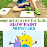 Long collage of easy art activity for kids called blow paint monsters