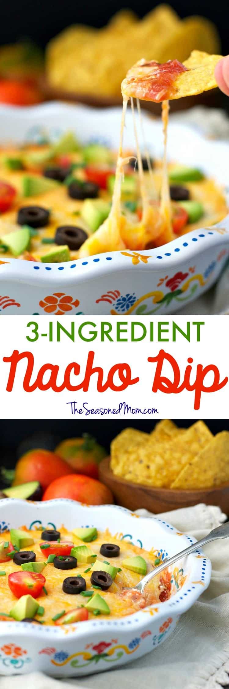 This 3-Ingredient Nacho Dip is a quick and easy appetizer for all of your celebratory occasions! Whether you're hosting a football tailgate, a family birthday, or just a night in with friends...spend less time in the kitchen with this simple cheesy party snack!