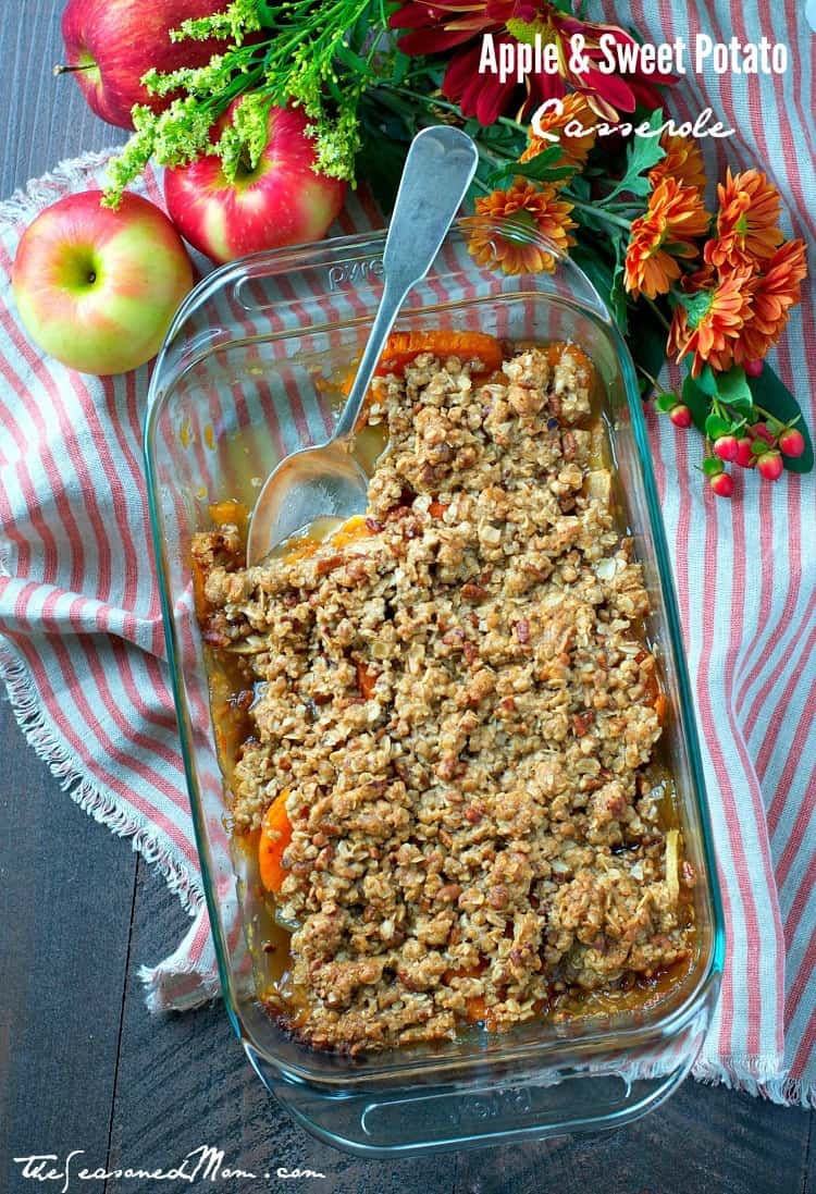 This Easy Apple and Sweet Potato Casserole with a rich, buttery streusel is a quick make-ahead side dish that's perfect for Thanksgiving!