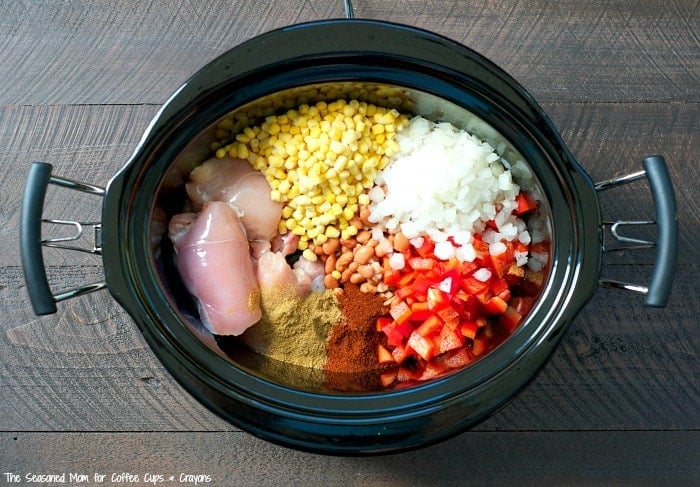 An overhead shot of ingredients in a Slow Cooker to make Chicken Chili