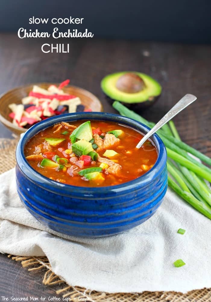Slow cooker chicken chili in a blue bowl