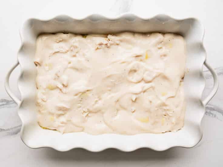 Final layered dish before it goes in the oven.