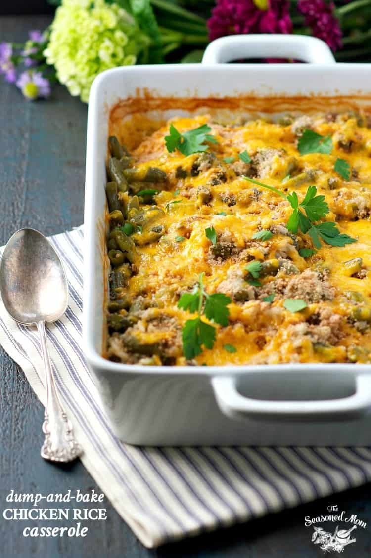 You only need 5 minutes to prepare this Dump-and-Bake Chicken Rice Casserole -- an easy dinner that cooks in one dish!