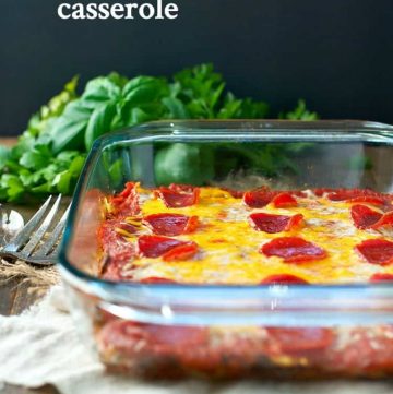 A zucchini pizza casserole topped with pepperoni