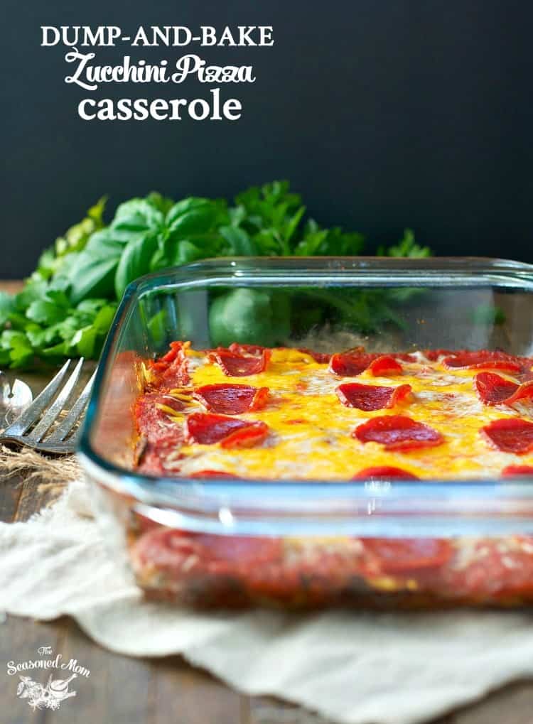 A zucchini pizza casserole topped with pepperoni