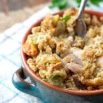 A close up of a slow cooker chicken and stuffing casserole