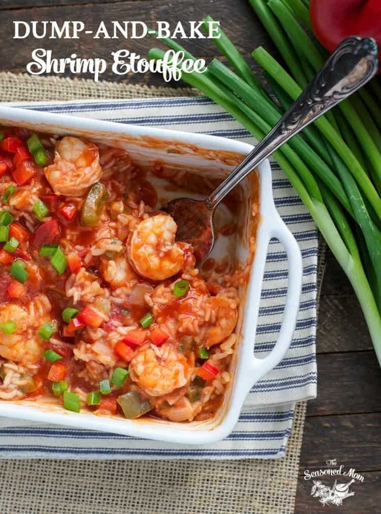 Shrimp Etouffee in a baking dish with a serving spoon