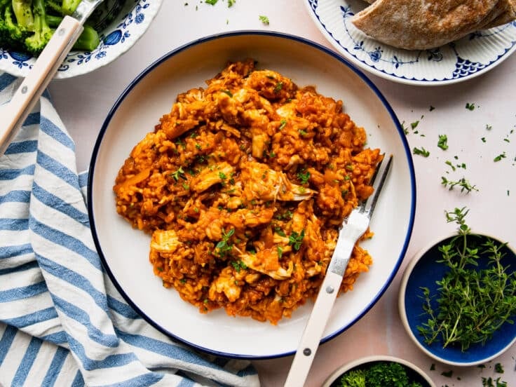 Horizontal overhead shot of butter chicken and rice in a white bowl with a blue trim.