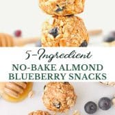 Long collage image of no bake almond blueberry energy snacks