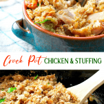 Long collage image of Crockpot Chicken and Stuffing