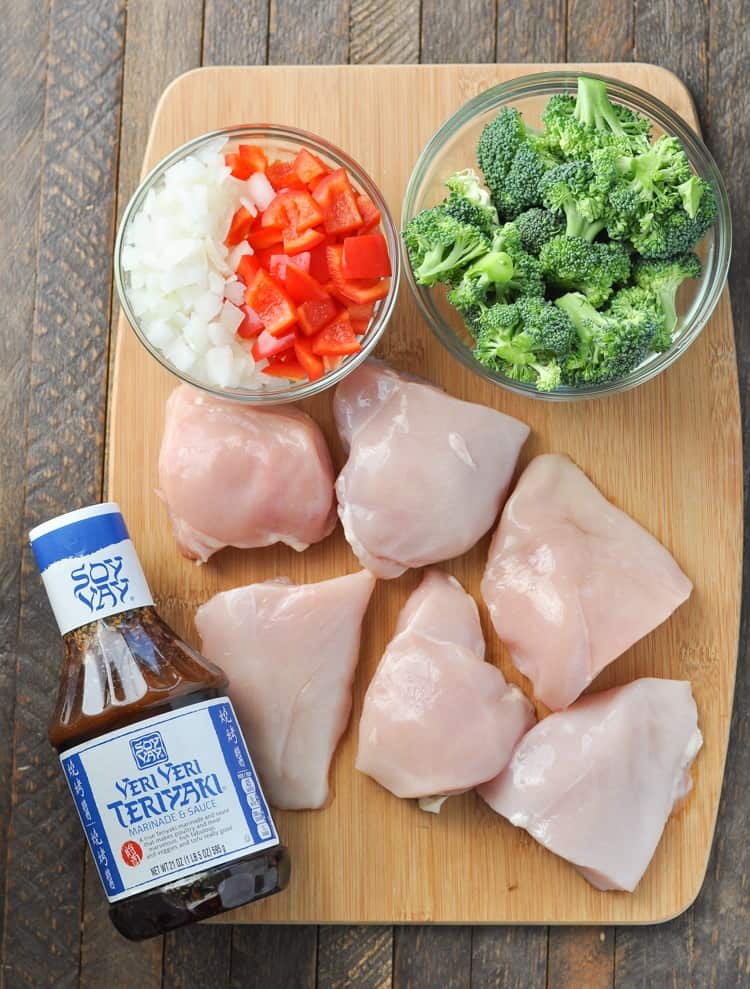 Ingredients for making Chicken Teriyaki on a wooden board