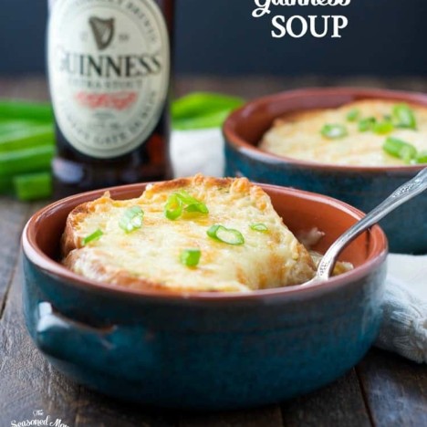 Guinness Irish soup in a bowl with a bottle of guinness in the background