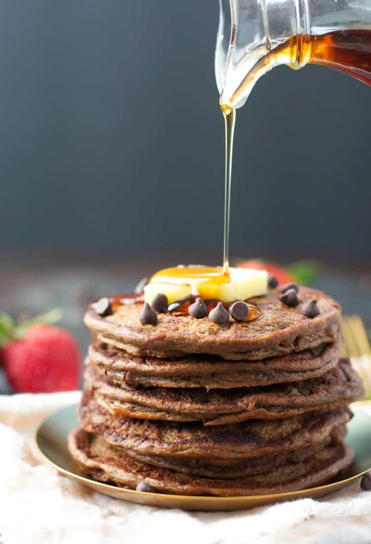 These flourless Healthy Chocolate Chip Pancakes are full of protein, fruits, vegetables, and whole grains for a healthy breakfast! Healthy Recipes | Breakfast Ideas | Breakfast Recipes | Gluten Free | Gluten Free Breakfast | Gluten Free Recipes