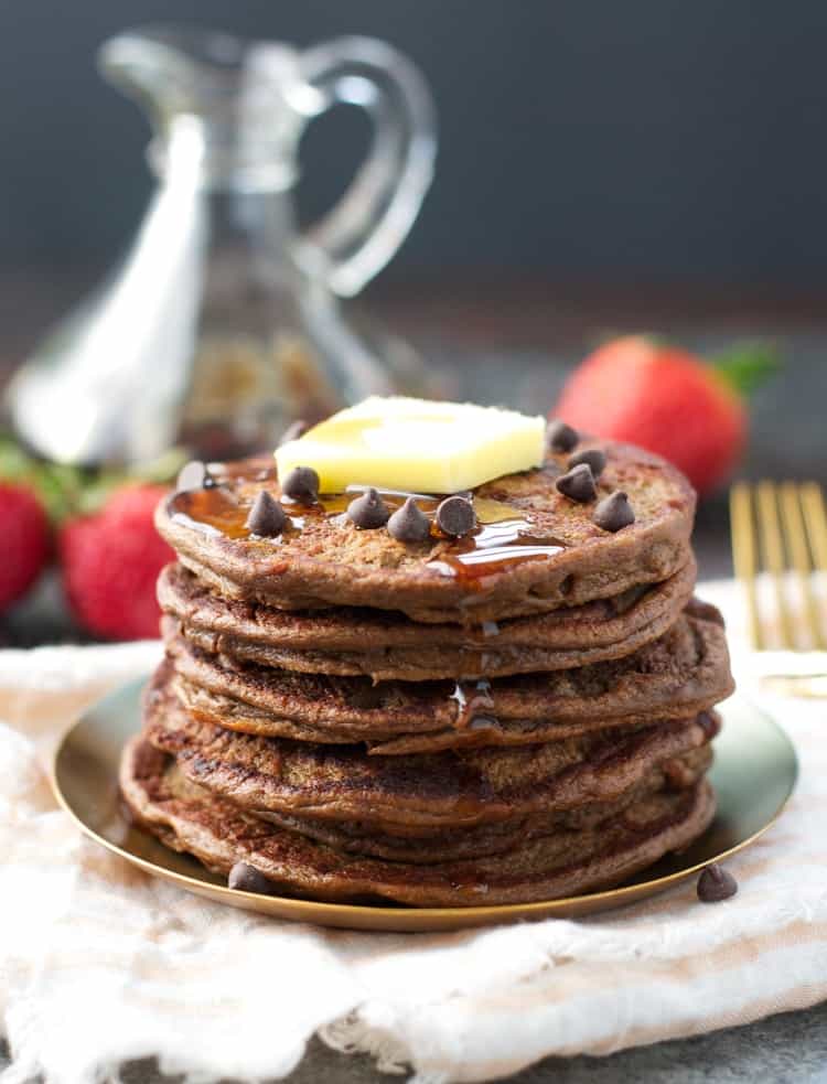 These flourless Healthy Chocolate Chip Pancakes are full of protein, fruits, vegetables, and whole grains for a healthy breakfast! Healthy Recipes | Breakfast Ideas | Breakfast Recipes | Gluten Free | Gluten Free Breakfast | Gluten Free Recipes