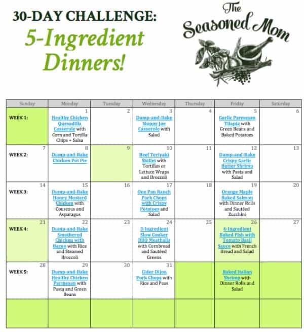 Try this 30-Day Challenge: a Month of 5-Ingredient Dinners! Includes a Free Printable Meal Plan and Shopping Lists! Dinner Ideas | Easy Dinner Recipes | Meal Prep | Meal Planning