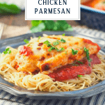 Plate of healthy chicken parmesan recipe with a text title box at the top
