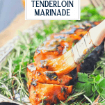 Brushing marinade on pork tenderloin with text title overlay
