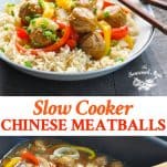 Long collage image of Slow Cooker Chinese Meatballs with Peppers and Onions