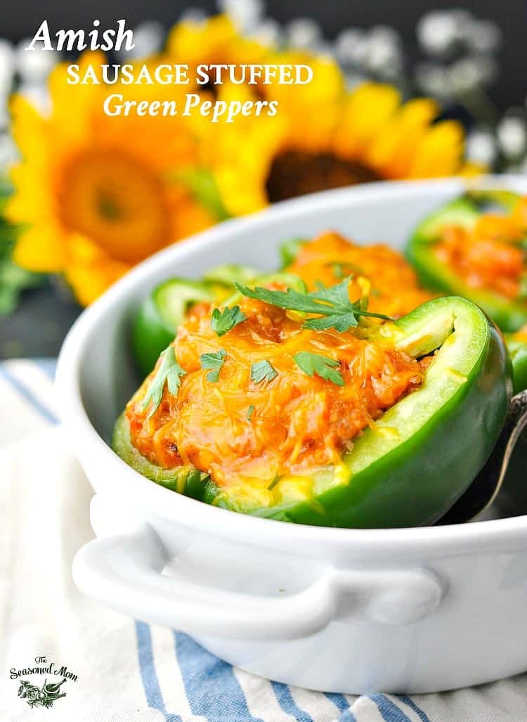 A close up of Amish sausage stuffed green peppers