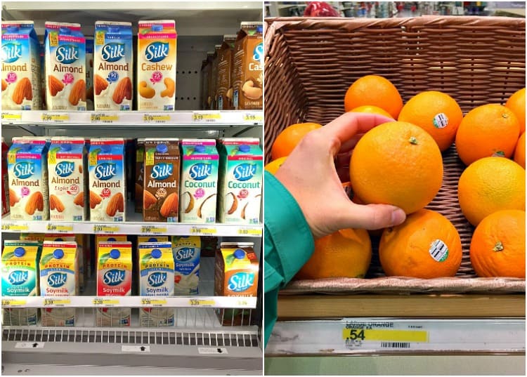 A collage photo of silk nut milk and oranges in a basket used for making a southern ambrosia smoothie