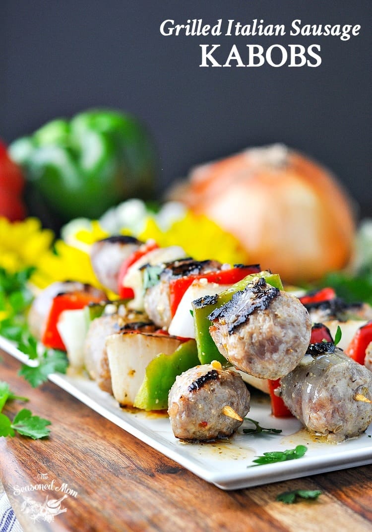 A side shot of Italian sausage kabobs