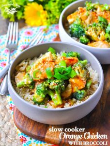 Slow cooker orange chicken and broccoli in a bowl