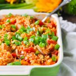 Country captain chicken and rice in a casserole dish