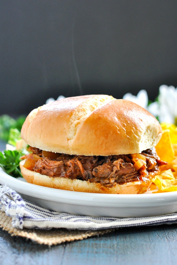 Slow Cooker Beef Barbecue on a bun