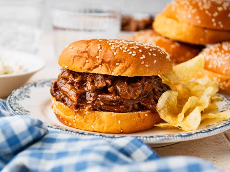 Horizontal side shot of a bbq beef sandwich on a plate.