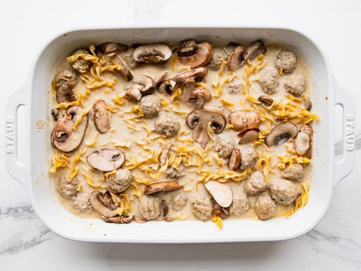 Beef stroganoff casserole after baking.