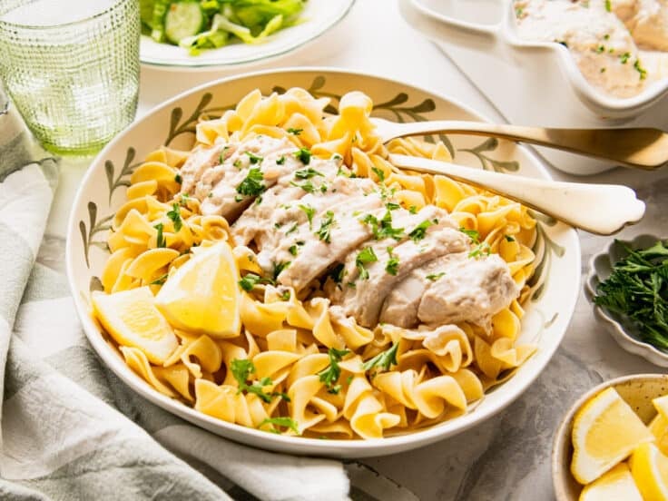 Horizontal side shot of cream of mushroom chicken in a bowl with noodles.