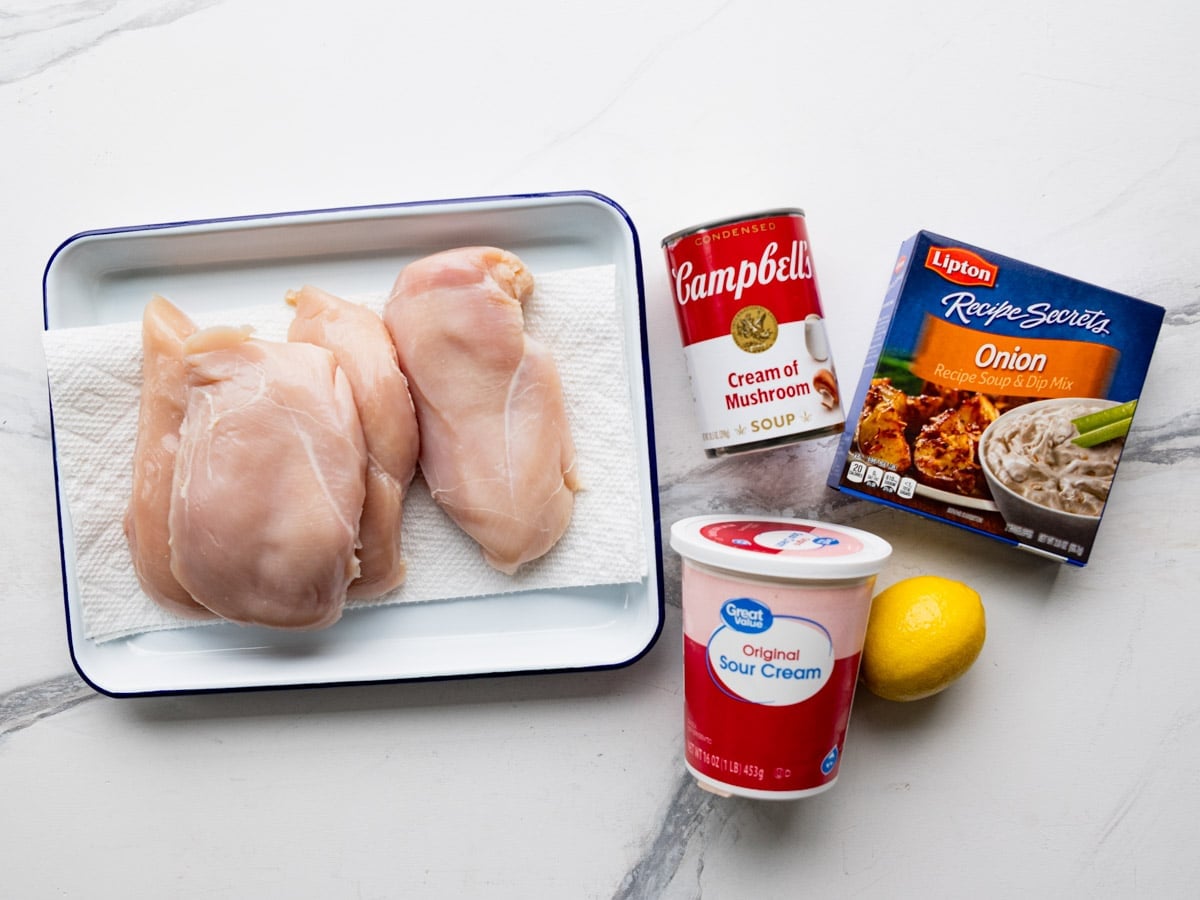 Ingredients for cream of mushroom chicken recipe.