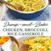 Long collage image of dump and bake chicken broccoli rice casserole.