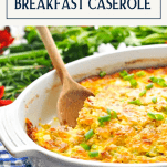 Bacon and sausage egg casserole with text title at top