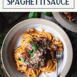 The best spaghetti meat sauce recipe in a bowl with text title box at top