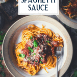 Overhead image of a bowl of easy spaghetti sauce with text title box at top