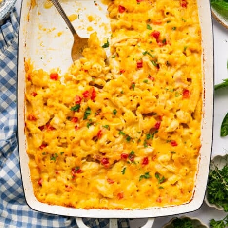 Square overhead imgae of a pan of dump and bake chicken mac and cheese.