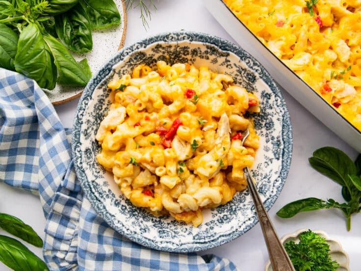 Horizontal overhead shot of a green and white bowl full of chicken mac and cheese.