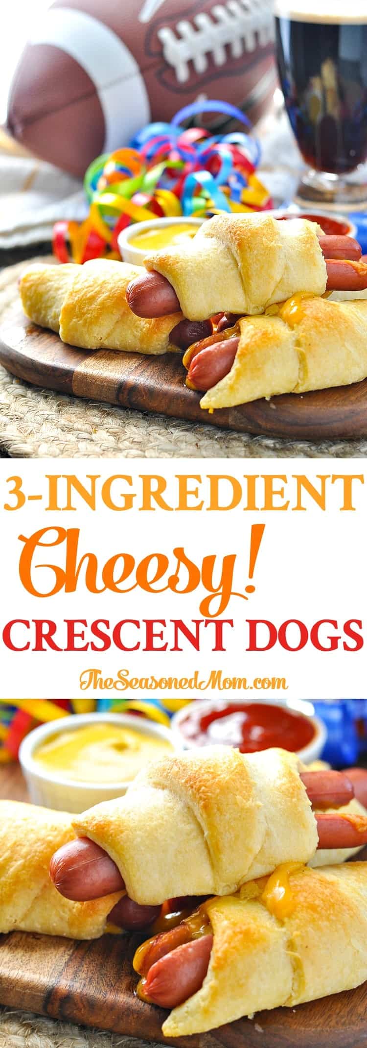 Long vertical image of hotdogs wrapped in crescent rolls.