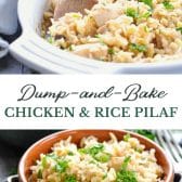 Long collage image of Dump and bake chicken and rice pilaf casserole.