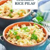 Dump and bake chicken and rice pilaf casserole with text title overlay.