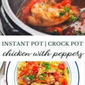 Long collage image of Crock Pot or Instant Pot chicken with peppers and onions.