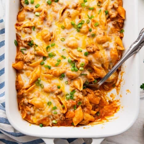 Square overhead shot of taco pasta casserole.