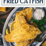Close overhead shot of a tray of crispy fried catfish with text title box at top