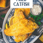 Overhead shot of a tray of crispy fried catfish with text title overlay