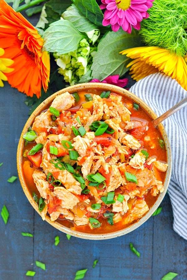 Overhead shot of a bowl of Instant Pot or Slow Cooker Mexican Shredded Chicken