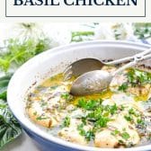 Baked basil chicken with text title box at top.